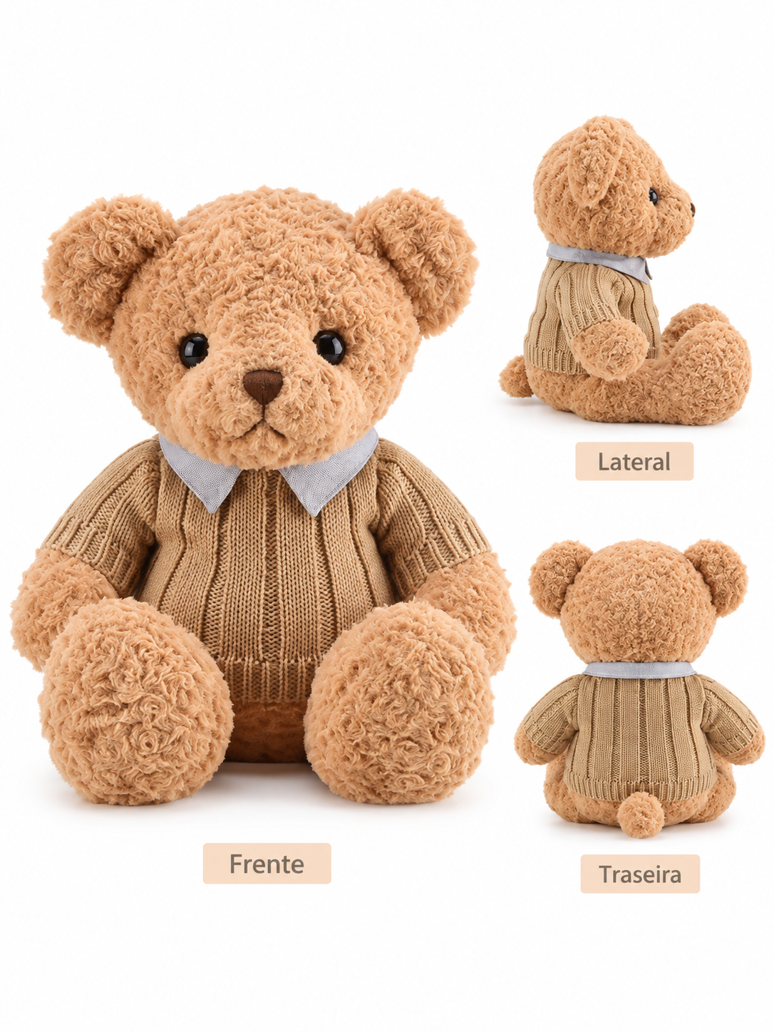 Orso di peluche con maglione lavorato e girocollo – Giocattolo per bambini