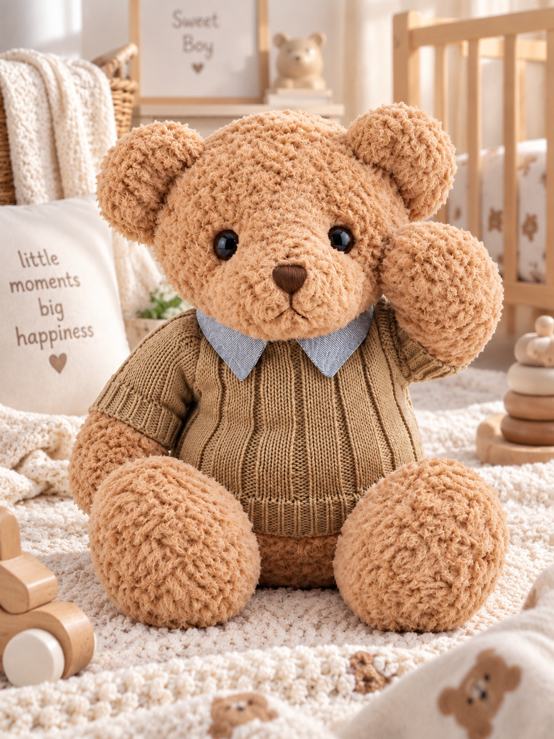 Orso di peluche con maglione lavorato e girocollo – Giocattolo per bambini