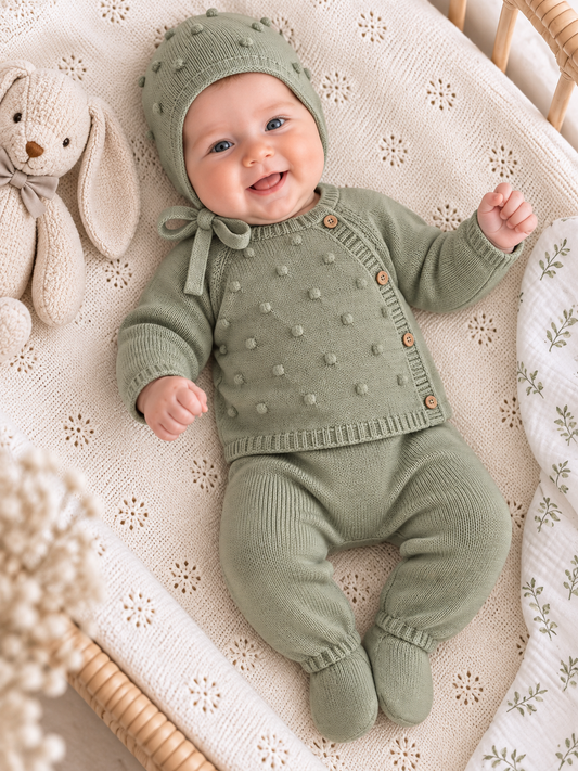 CT156 SET 3 PEZZI COTONE: Verde Seco / 0/3 mesi