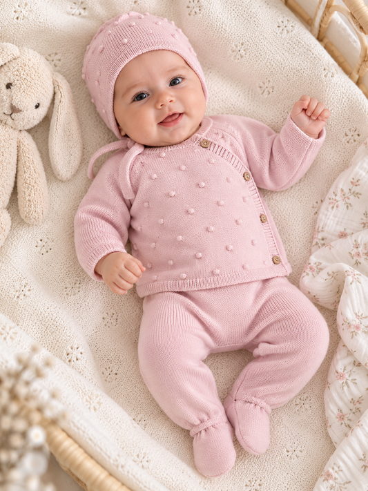 CT156 SET 3 PEZZI COTONE: Rosa Bebé / 0/3 mesi