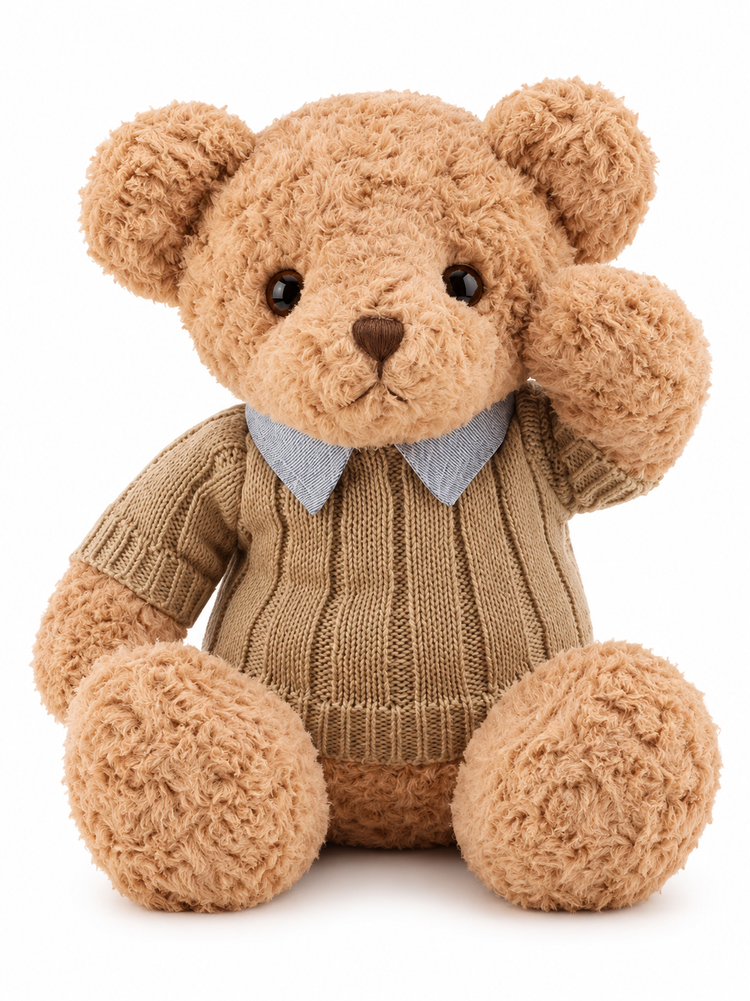 Orso di peluche con maglione lavorato e girocollo – Giocattolo per bambini