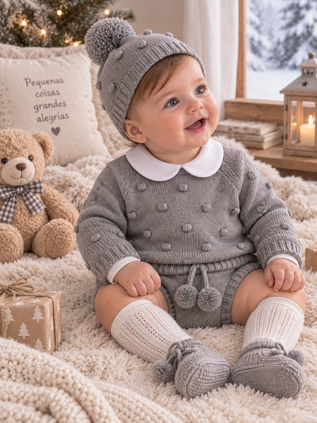 Completo neonato in maglia con colletto Peter Pan