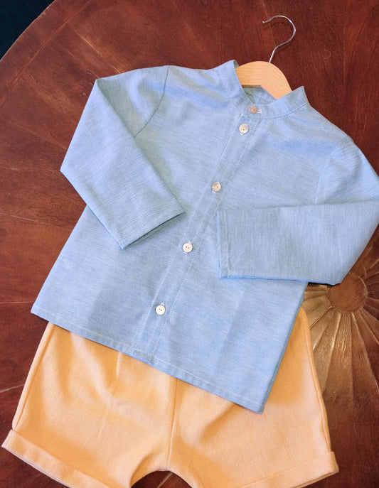 camicia per bambini in cotone e lino a manica lunga con colletto alla coreana verde acqua tenue