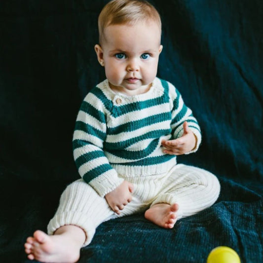 BABY SWEATER - WHITE AND PINE GREEN STRIPES