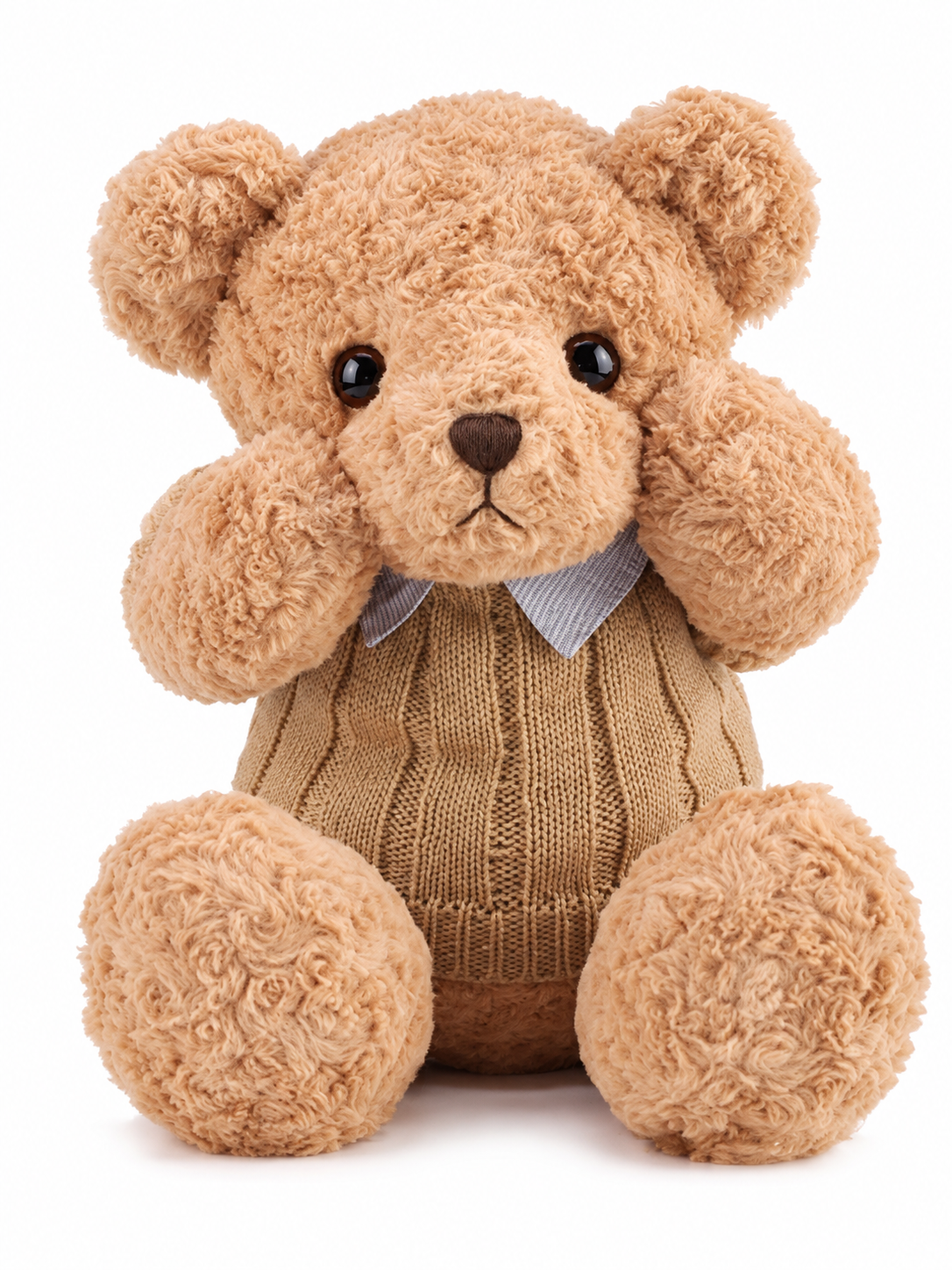 Orso di peluche con maglione lavorato e girocollo – Giocattolo per bambini
