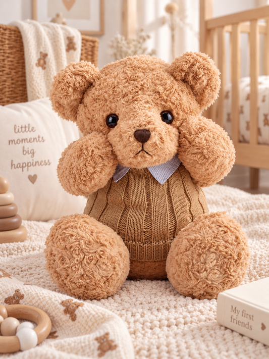 Orso di peluche con maglione lavorato e girocollo – Giocattolo per bambini